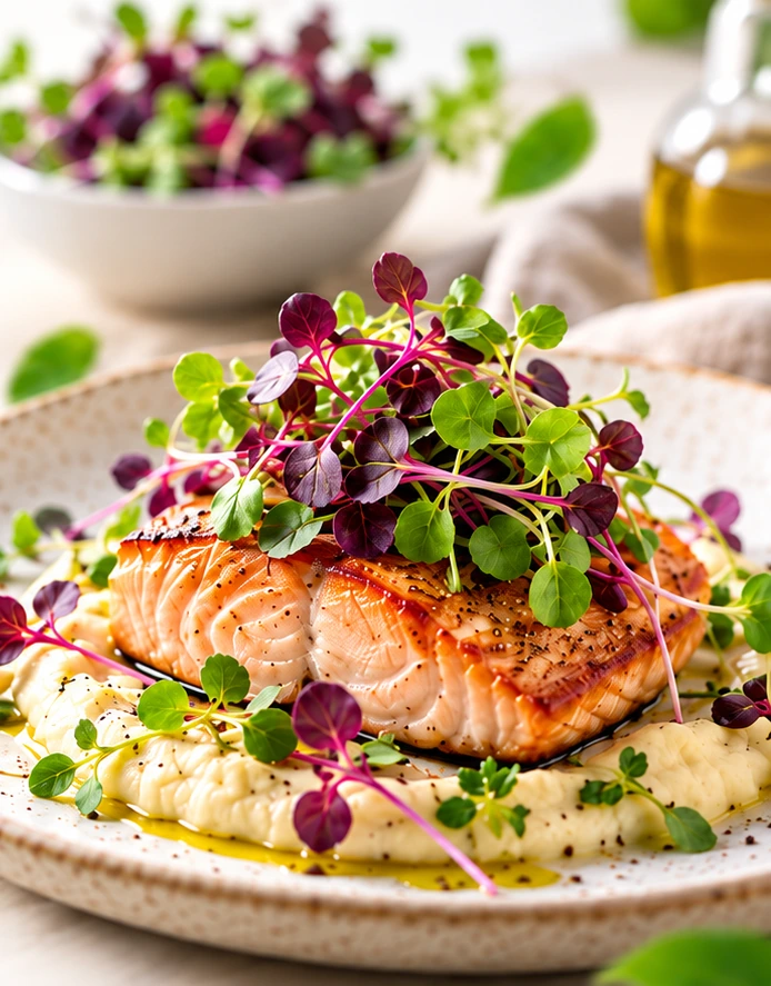 Salmão dourado finalizado com microverdes BibiGreens